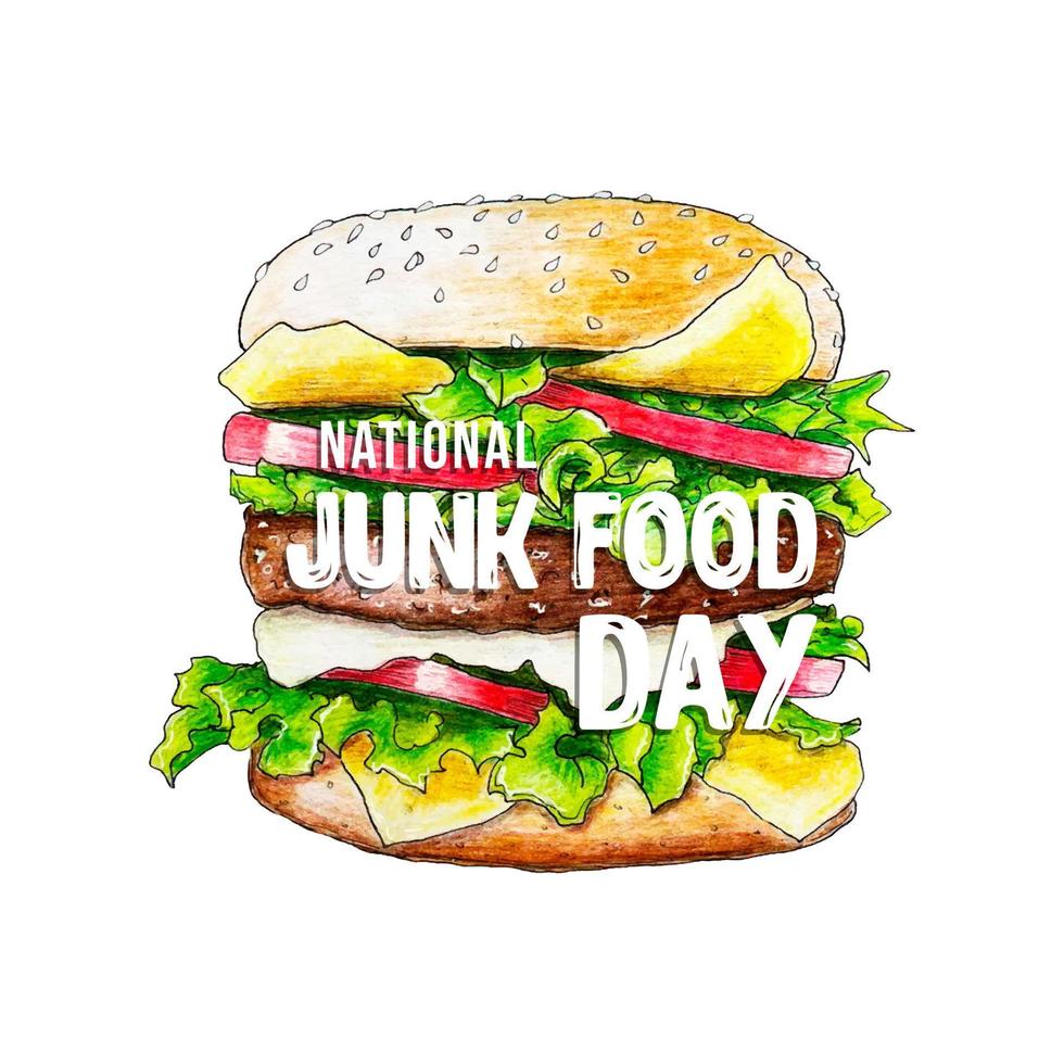 Nationaler Junk-Food-Tag-Vektor. Fast-Food-Burger-Bleistiftzeichnung Junk-Food-Vektor. amerikanische delikatesse. Plakat zum Junk-Food-Tag, 21. Juli. vektor