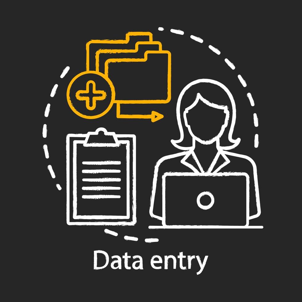 krita ikon för datainmatning. maskinskrivare, transkriberare, kontorist. mata in information i datorsystem. deltidsanställning, frilans. sekreterare, personlig assistent. isolerade svarta tavlan vektorillustration vektor