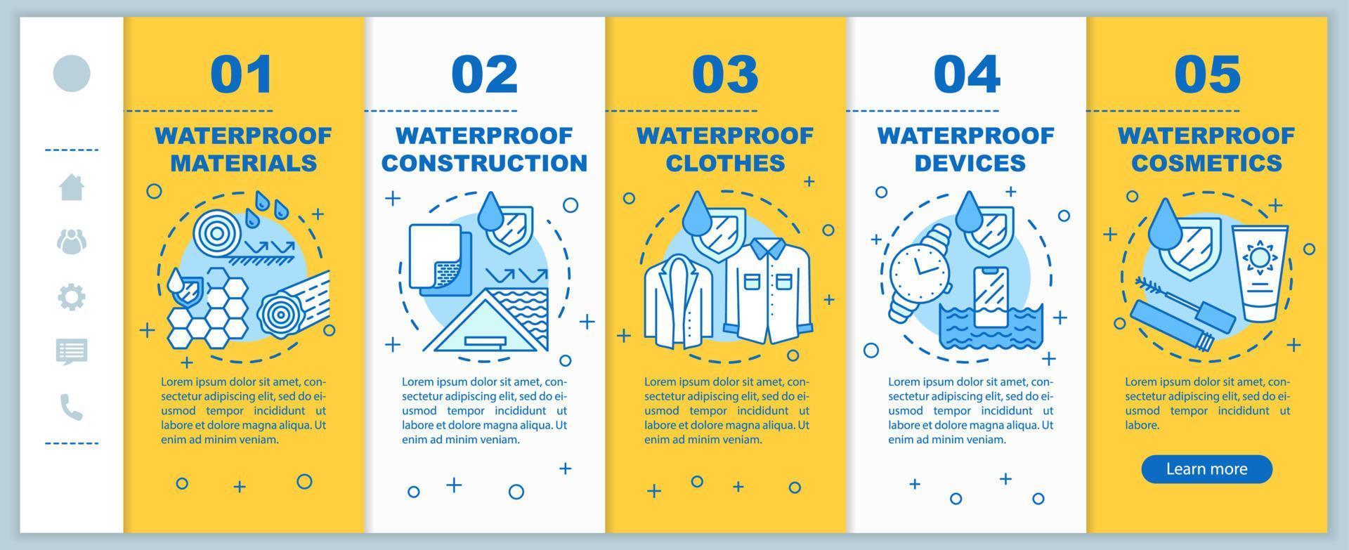 vattentät, hydrofob beläggning onboarding mobila webbsidor vektor mall. responsiv smartphone webbplats gränssnitt idé med linjära illustrationer. webbsida genomgång steg skärm. färg koncept