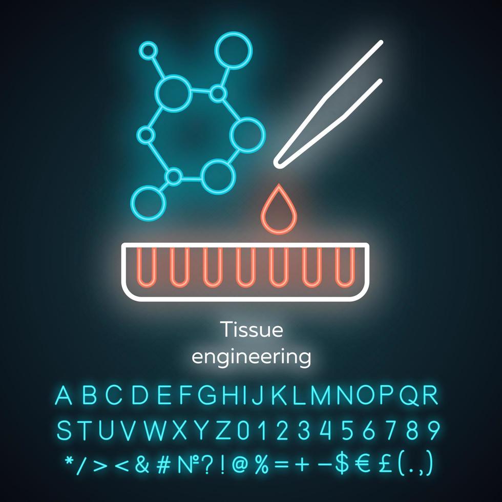 vävnadsteknik neonljusikonen. reparera skadade mänskliga organ. regenerativ medicin. bioteknik. glödande tecken med alfabet, siffror och symboler. vektor isolerade illustration