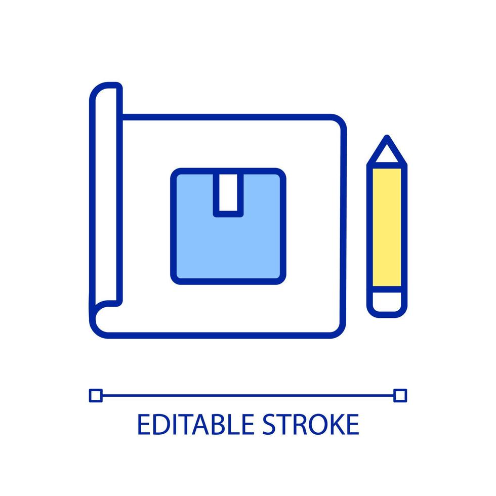 produktprototyp skapar rgb-färgikon. designprocessen. papper med skiss och penna. isolerade vektor illustration. enkel fylld linjeteckning. redigerbar linje.