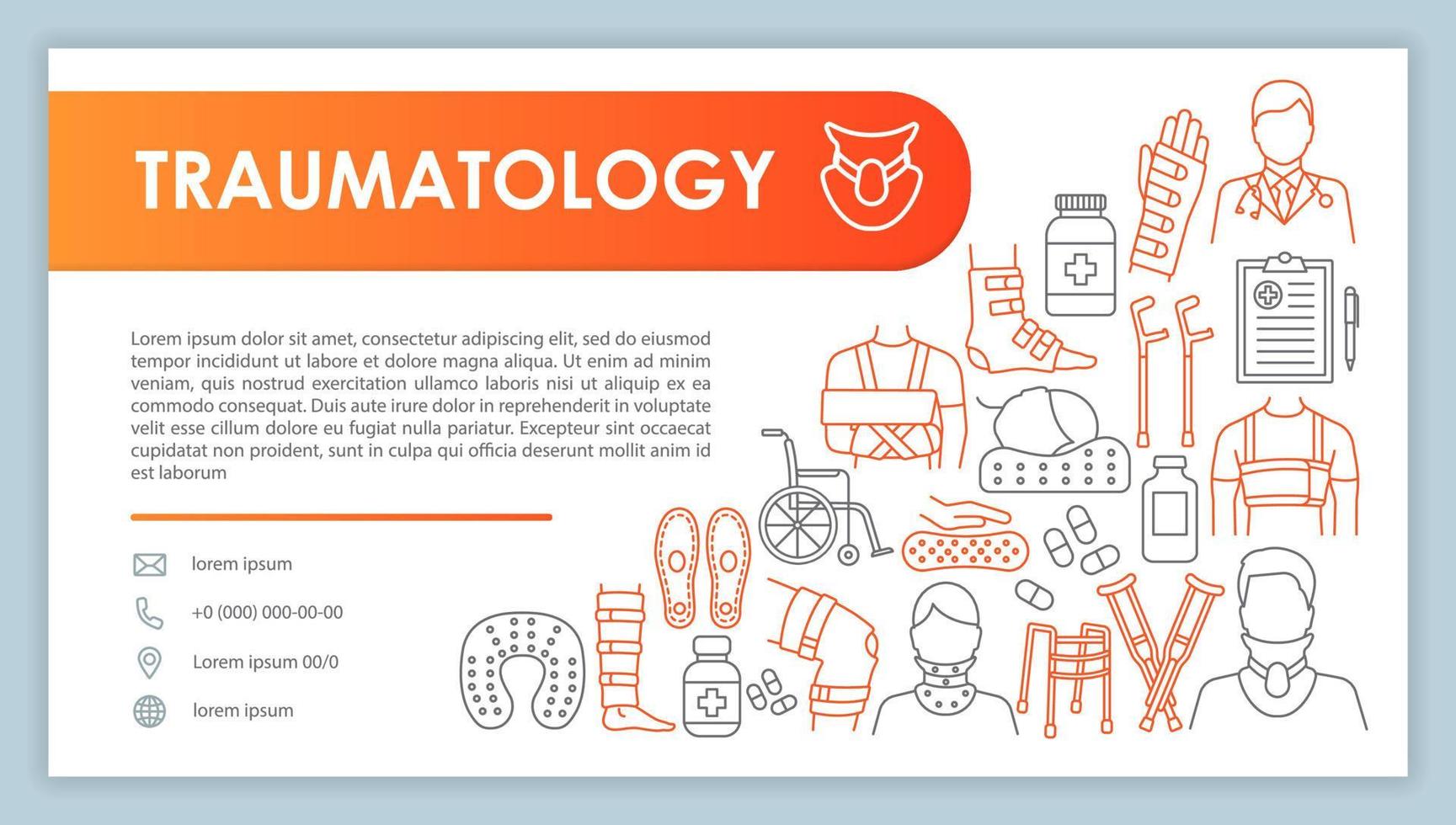 traumatologi webbbanner, visitkort vektor mall. kontaktsida för reumatologiklinik med telefon, e-postlinjära ikoner. skadebehandling presentation, webbsida idé. layout för företagstryckdesign