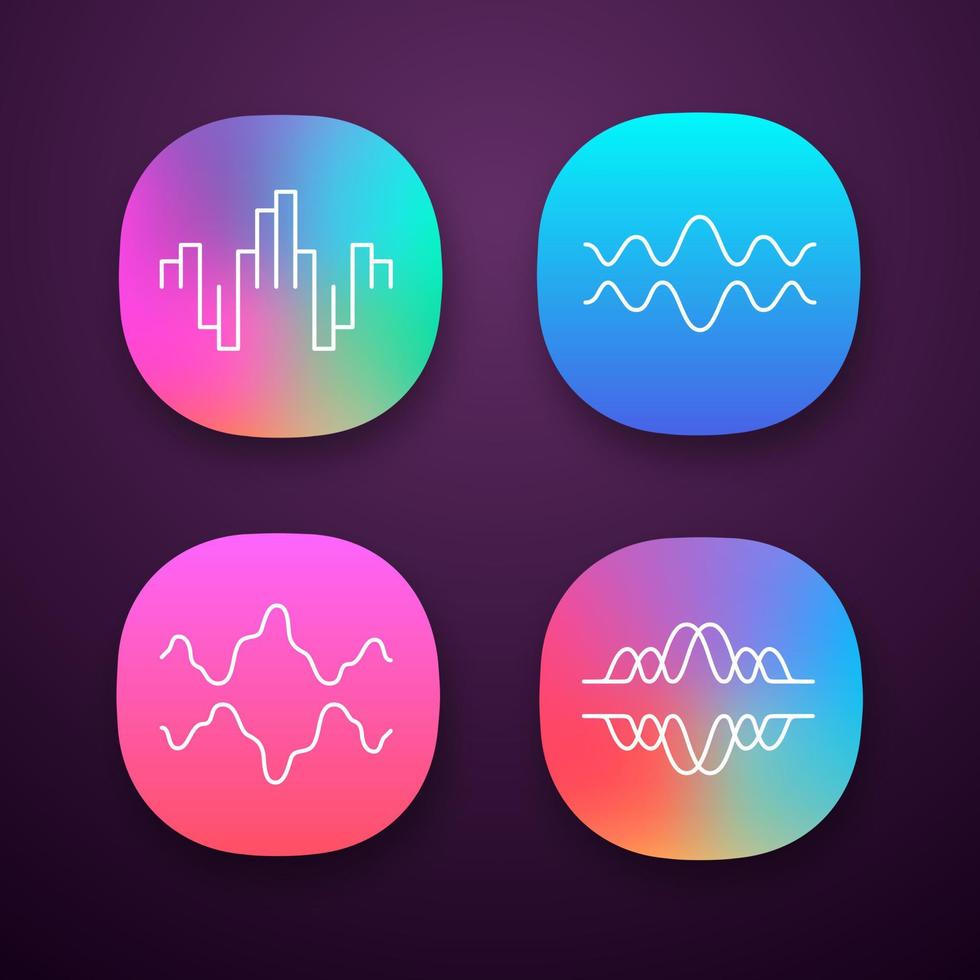 App-Symbole für Schallwellen festgelegt. Audio, Musik, Funksignalwellen. Vibration, Synergie, Bewegungslinien. Schallwellen mit digitaler Kurve. ui ux-Benutzeroberfläche. Web- oder mobile Anwendungen. Vektor isolierte Illustrationen
