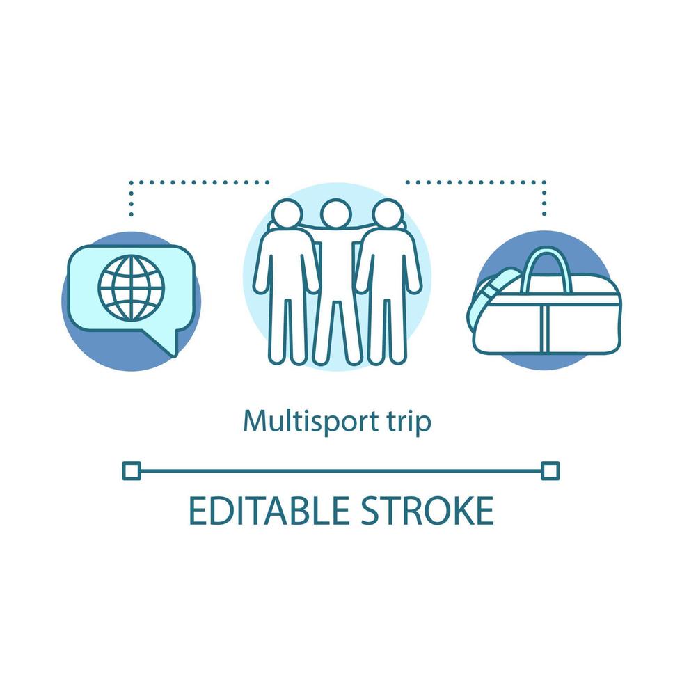 Symbol für das Multisport-Reisekonzept. reisestil idee dünne linie illustration. aktive Reise. touristisches Urlaubsangebot. mit Freunden unterwegs. extremer Tourismus. Vektor isoliert Umrisszeichnung. editierbarer Strich