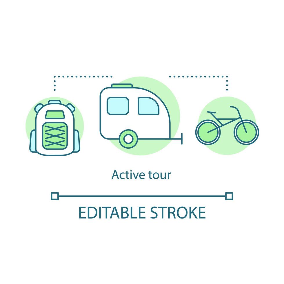 Symbol für aktives Tourkonzept. reisestil idee dünne linie illustration. extremer Tourismus. Skigebiet. Waldwandern und Radfahren. Campinganhänger. Vektor isoliert Umrisszeichnung. editierbarer Strich