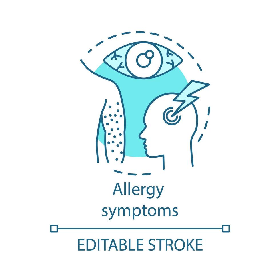 Symbol für das Konzept der Allergiesymptome. reaktionen des organismus auf allergene idee dünne linienillustration. Hautausschlag, Nesselsucht, allergische Konjunktivitis, Migräne. Vektor isoliert Umrisszeichnung. editierbarer Strich