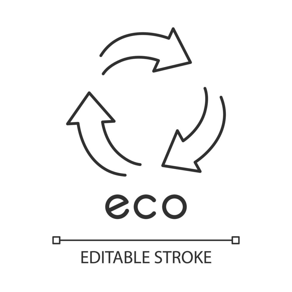 ekoetikett linjär ikon. tre böjda piltecken. återvinna symbol. alternativ energi. miljöskydd klistermärke. tunn linje illustration. kontur symbol. vektor isolerade ritning. redigerbar linje