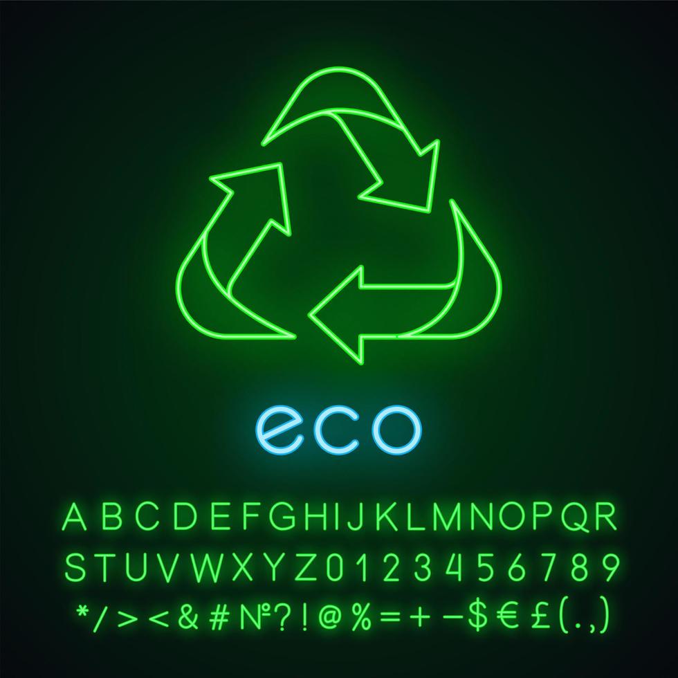miljömärke neonljus ikon. tre vinklade piltecken. återvinna symbol. alternativ energi. miljöskydd klistermärke. glödande tecken med alfabet, siffror och symboler. vektor isolerade illustration