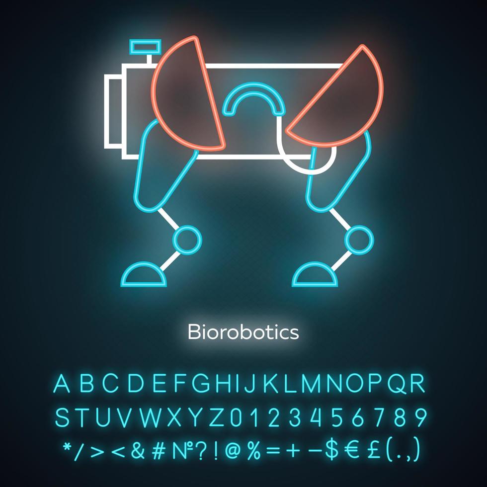 biorobotics neonljusikon. hundliknande robot. robotinnovationsteknik. kopiera kroppsrörelser. bioteknik. glödande tecken med alfabet, siffror och symboler. vektor isolerade illustration