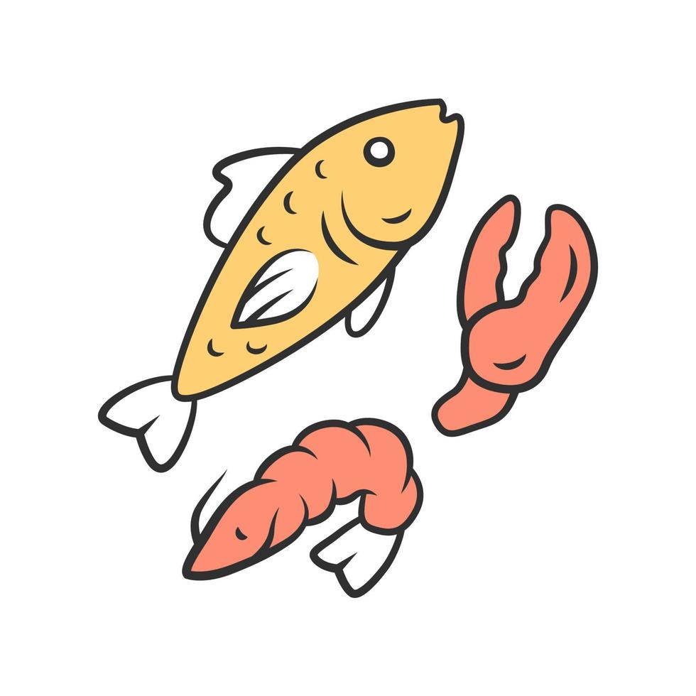 Farbsymbol für Meeresfrüchte. Produkte aus Omega-3-Quellen. Gourmet-Mahlzeit, gesundes Restaurant. gekochte Garnelen, Zutaten für frische Lachsgerichte. Fisch, Garnelen und Hummerschere isolierte Vektorgrafik vektor