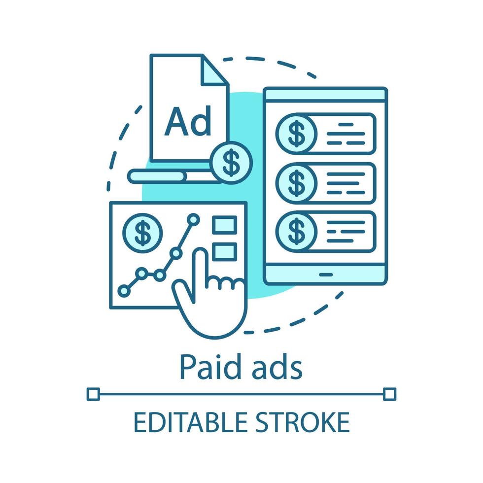 betalda annonser blå konceptikon. online marknadsföring idé tunn linje illustration. ppc kanal. kommersiell anknytning. betala per klick reklamkampanj. vektor isolerade konturritning. redigerbar linje