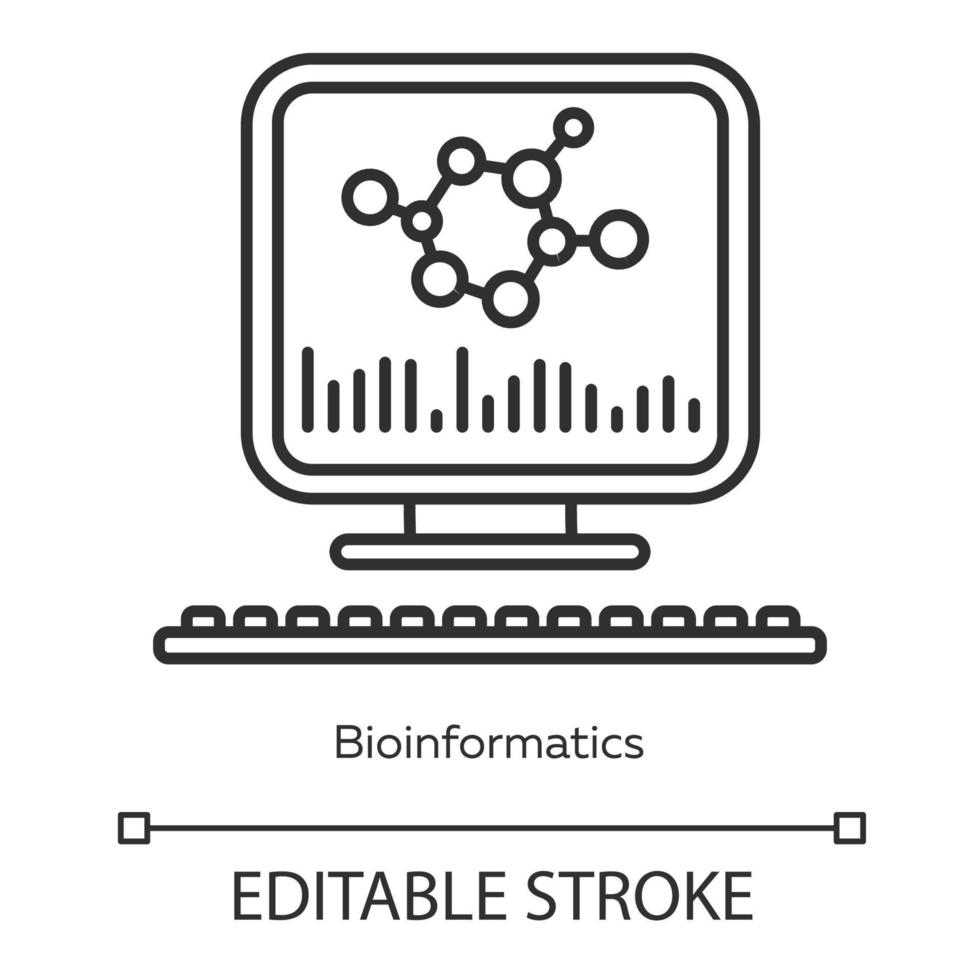 Lineares Symbol für Bioinformatik. menschliche Genomforschung. biologische Daten. Informationen zur Molekulargenetik. Biotechnik. dünne Liniendarstellung. Kontursymbol. Vektor isoliert Umrisszeichnung. editierbarer Strich