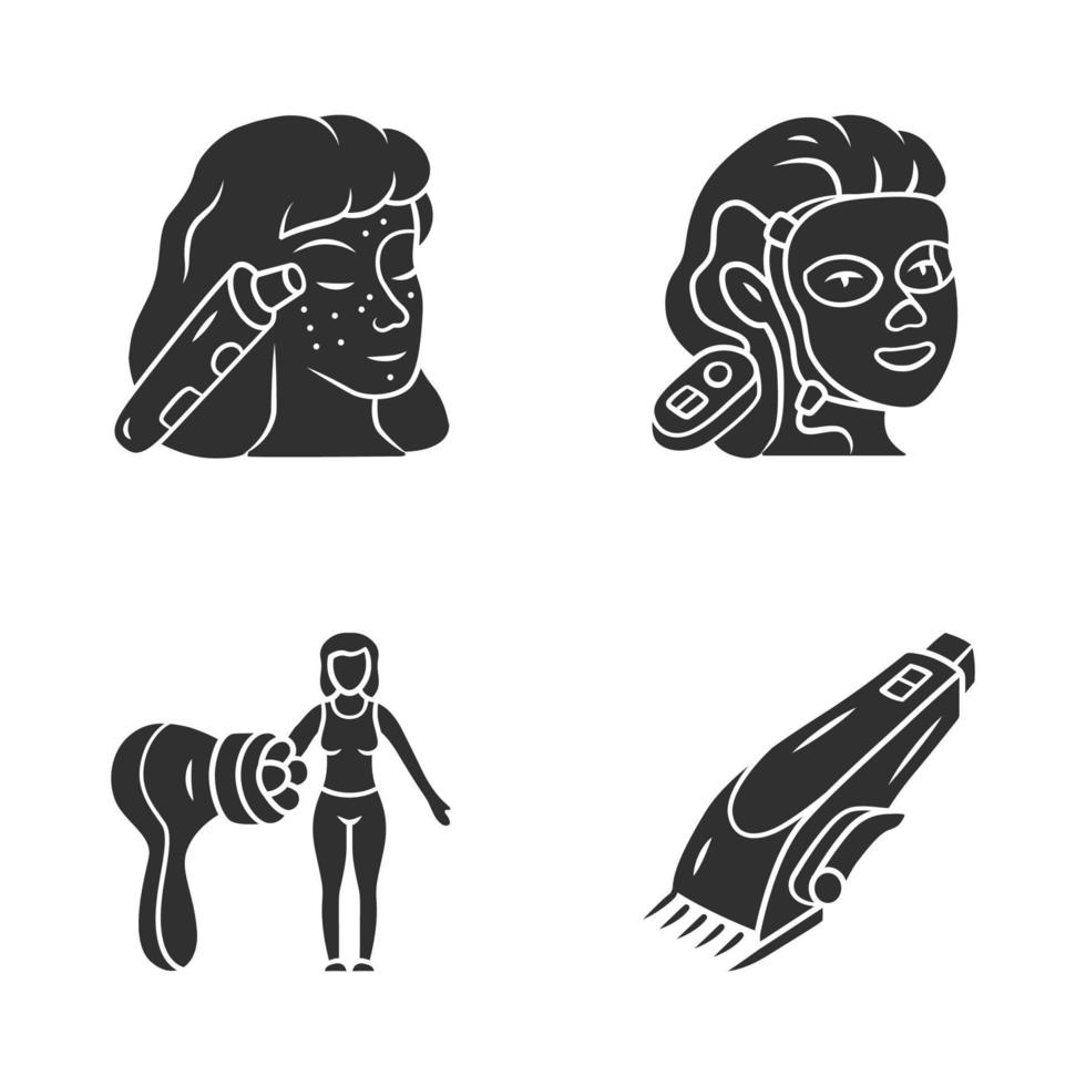 skönhet enheter glyf ikoner set. blackhead remover, terapi ansiktsmask, kroppsmassager och rakmaskin. kosmetologiska instrument. hudvård. siluett symboler. vektor isolerade illustration