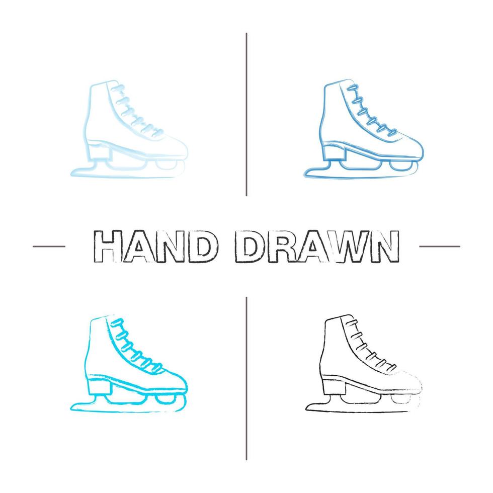 Schlittschuh handgezeichnete Symbole gesetzt. Skating-Stiefel. Farbe Pinselstrich. isolierte skizzenhafte vektorillustrationen vektor