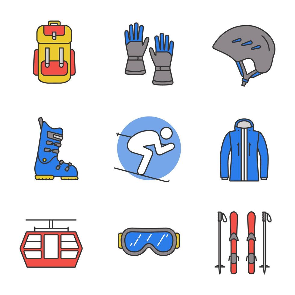 Farbsymbole für Winteraktivitäten festgelegt. Rucksack, Handschuhe, Brille, Helm, Skischuhe, Bretter und Stöcke, Skifahrer, Jacke, Standseilbahn. isolierte Vektorgrafiken vektor