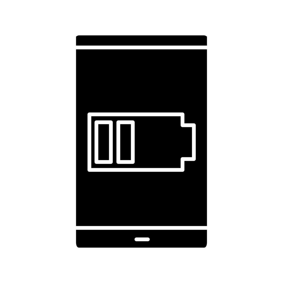 smartphone lågt batteri glyfikon. batteriladdning. siluett symbol. negativt utrymme. vektor isolerade illustration