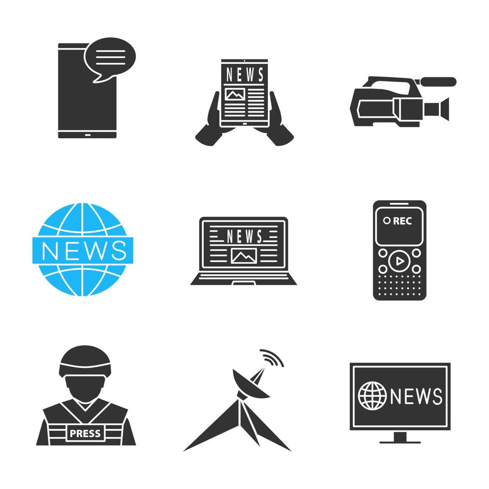 massmedia glyf ikoner set. Tryck. chatt, elektronisk tidning, videokamera, diktafon, globala nyheter, parabol, krigsjournalist, tv. siluett symboler. vektor isolerade illustration