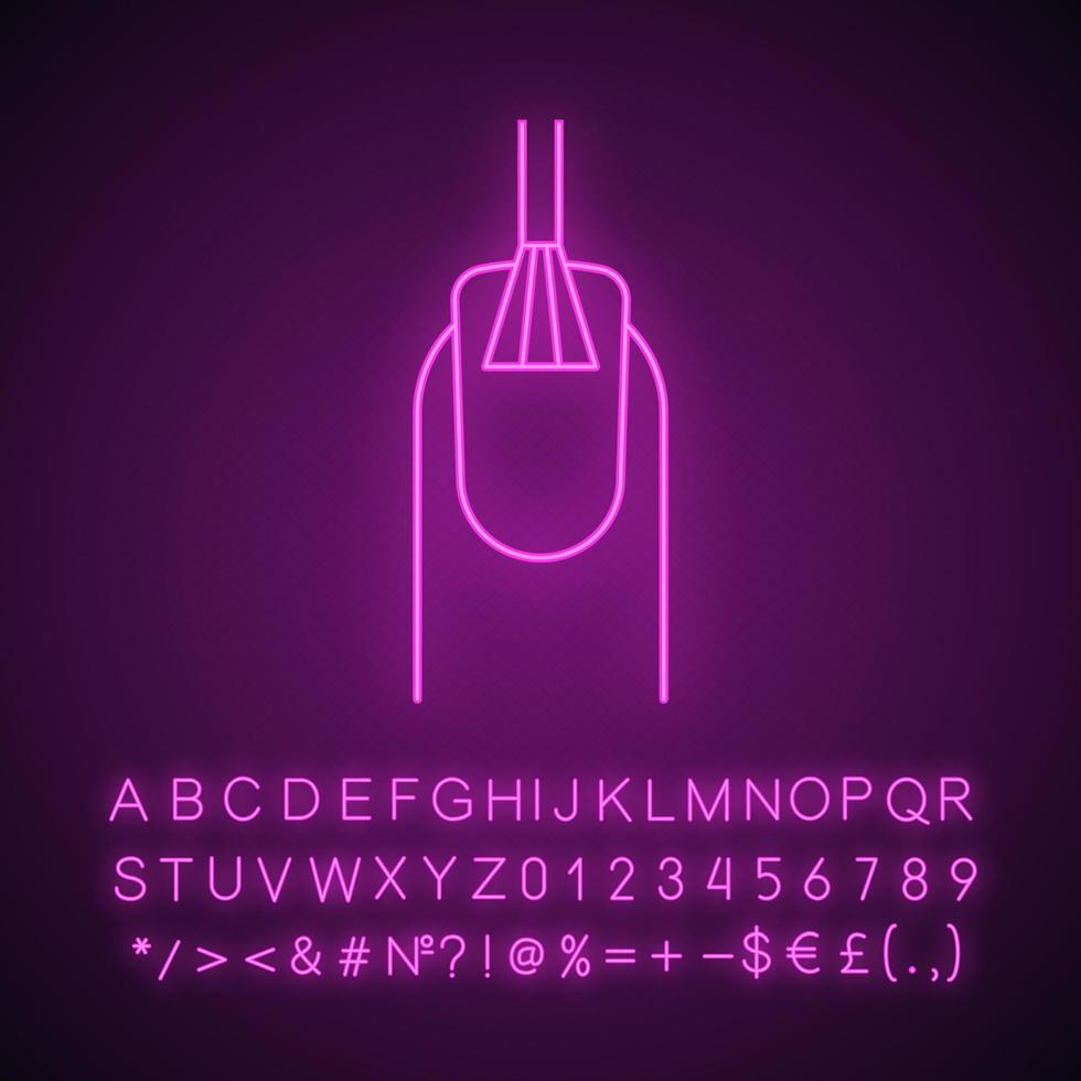 Symbol für Neonlicht zum Polieren von Nägeln. Finger mit Maniküre. Nagellackpinsel. leuchtendes zeichen mit alphabet, zahlen und symbolen. vektor isolierte illustration