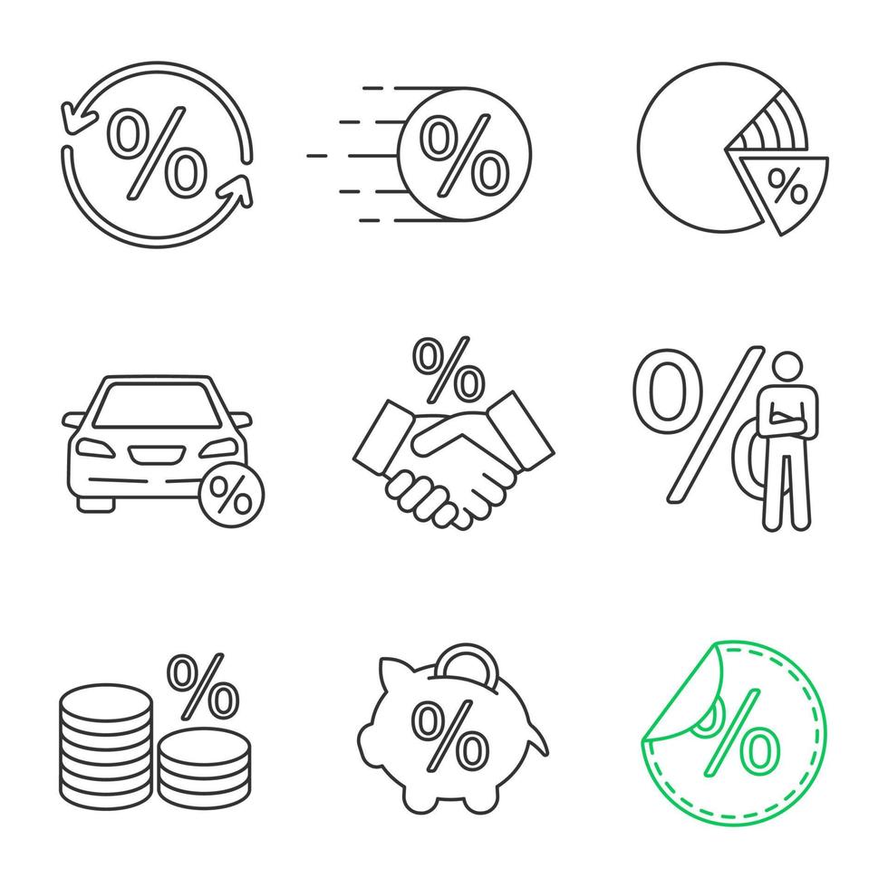 Prozent lineare Symbole gesetzt. Prozentumrechnung, Verkauf, Tortendiagramm, Autokredit, Deal, Geschäftsmann, Geld sparen, Sparschwein, Rabatt-Tag. dünne Linienkontursymbole. isolierte vektorumrissillustrationen vektor