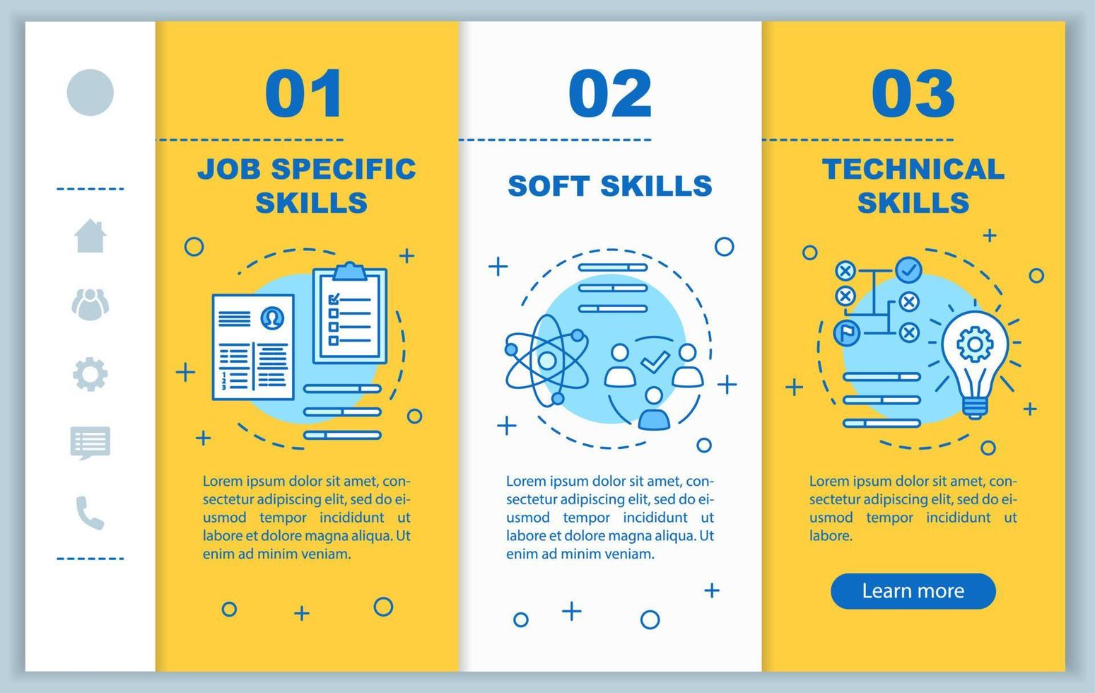 Berufsfähigkeiten beim Onboarding mobiler Webseiten Vektorvorlage. reaktionsschnelle smartphone-website-schnittstellenidee mit linearen illustrationen. Webseiten-Walkthrough-Schrittbildschirme. gelbes farbkonzept vektor