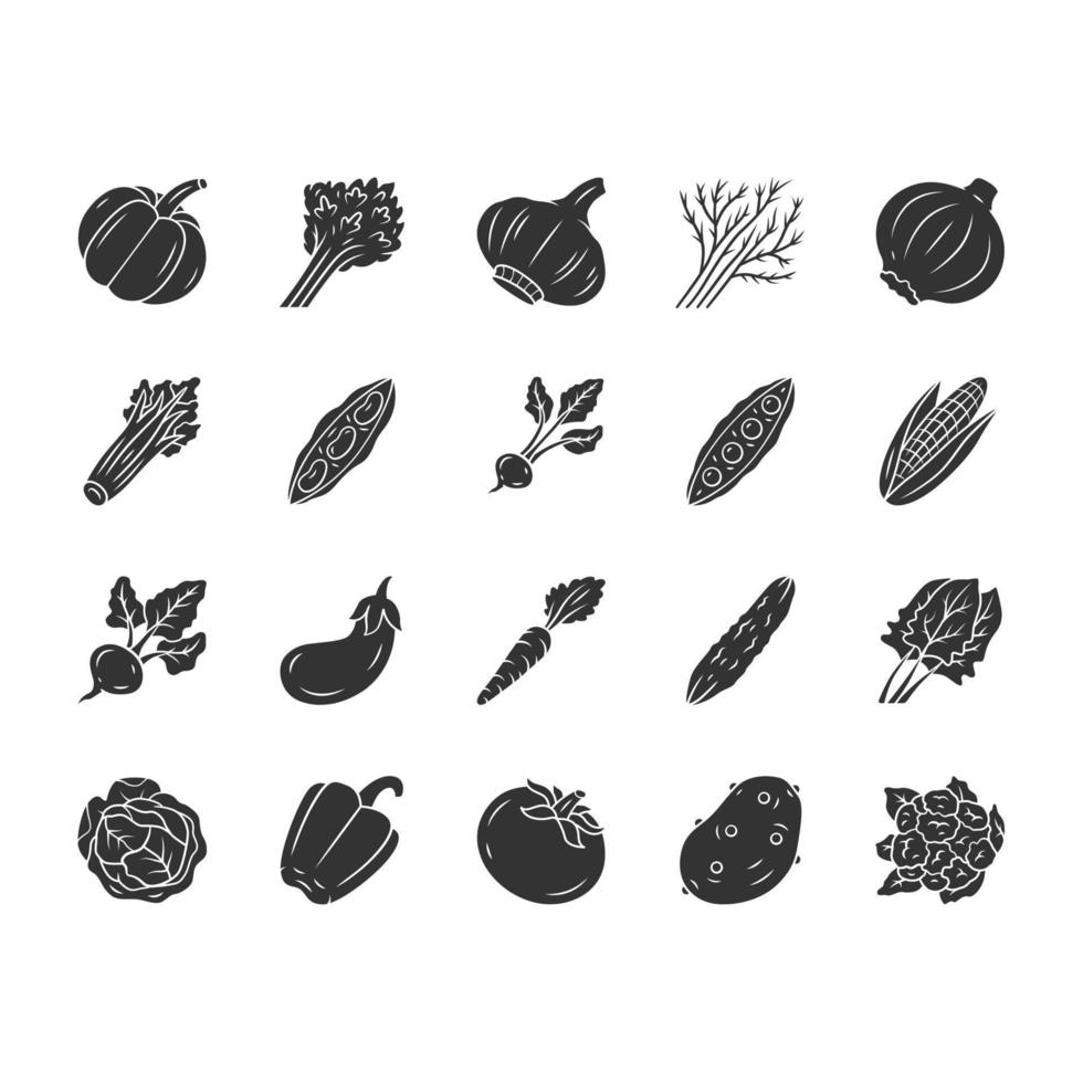 Symbol für Gemüse-Glyphe. Kartoffel, Karotte, Paprika. Suppen- und Salatzutaten. Vitamine und Ernährung. gesunde Ernährung. Silhouettensymbol. negativer Raum. vektor isolierte illustration