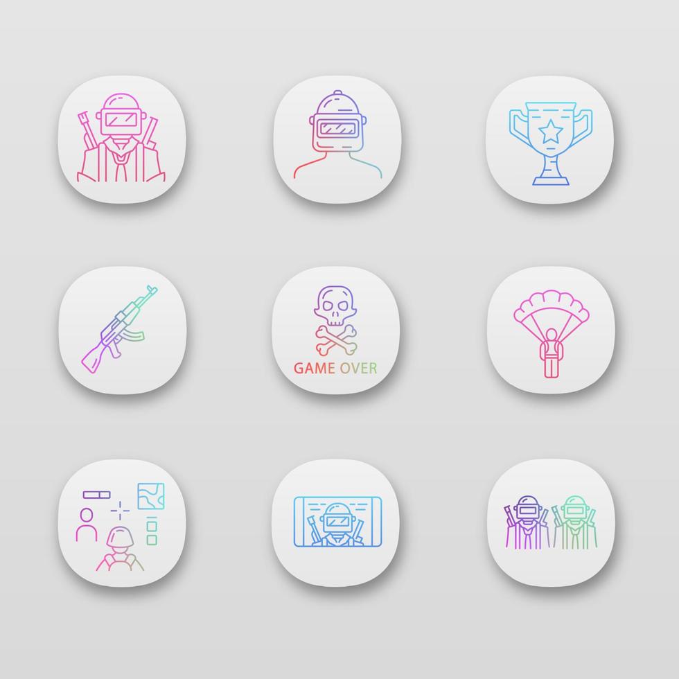 spelinventering app ikoner set. spelare, hjälm, trofé, vapen, game over, fallskärm, esports team, shooter. ui ux användargränssnitt. webb- eller mobilapplikationer. vektor isolerade illustrationer