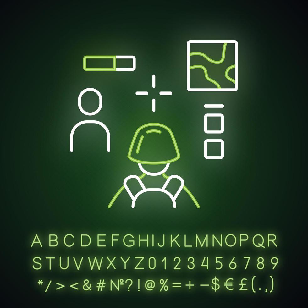 Symbol für 3D-Shooter-Neonlicht. virtuelles Videospiel. Online-Multiplayer. Battle-Royale. Cybersport-Wettbewerb. Computerspiel-Schnittstelle. leuchtendes alphabet, zahlen und symbole. vektor isolierte illustration