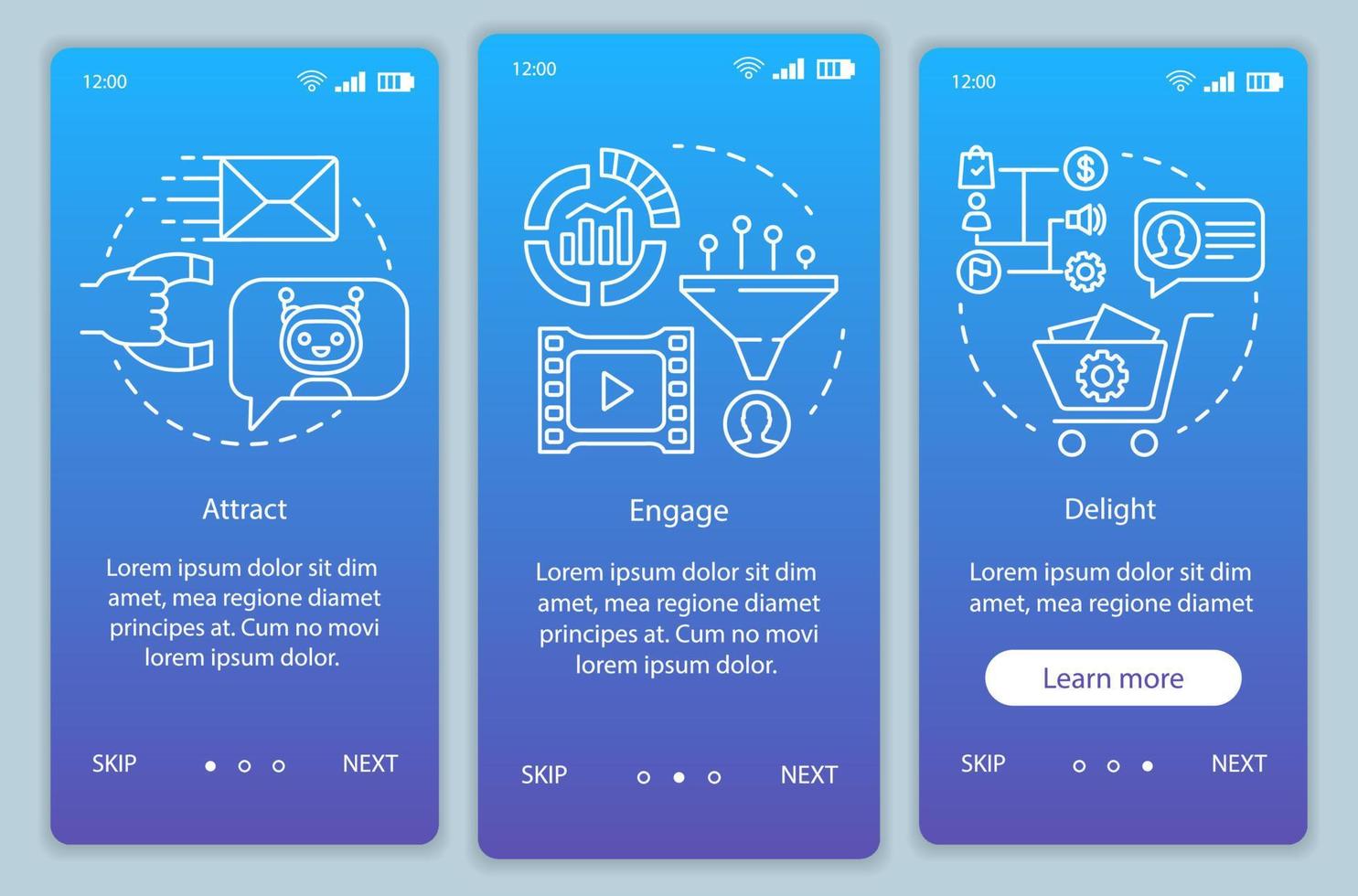 inkommande marknadsföringsmetod för kunder blå onboarding mobil app sida skärm vektor mall. engagera genomgångssteg på webbplatsen med linjära illustrationer. ux, ui, gui smartphone gränssnitt koncept