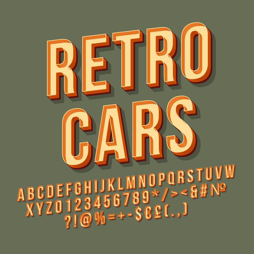 Retro-Autos 3D-Vektor-Schriftzug. Vintage Fettschrift. Pop-Art-stilisierter Text. buchstaben, zahlen, symbole im alten schulstil. 90er, 80er Poster, Banner, Typografie-Design für Schilder. grauer Hintergrund vektor