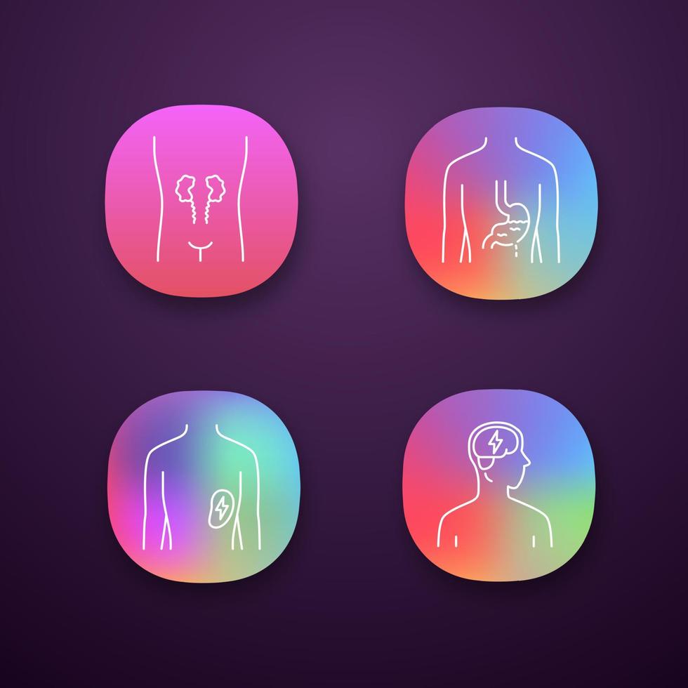 App-Symbole für kranke menschliche Organe festgelegt. schmerzende Nieren und Milz. schmerzender Magen. ungesundes Gehirn. kranke innere Körperteile. ui ux-benutzeroberfläche. Web- oder mobile Anwendungen. Vektor isolierte Illustrationen