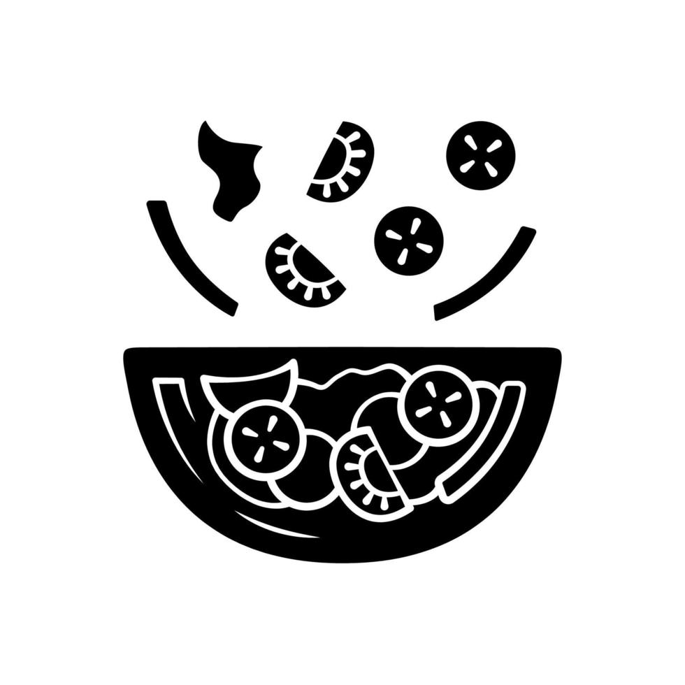 Salatschüssel-Glyphe-Symbol. frische Bio-Lebensmittel. veganes essen, gemüse. gesunde Ernährung. Vitamine und Ernährung. Tomate, Paprika, Gurke. Silhouettensymbol. negativer Raum. vektor isolierte illustration