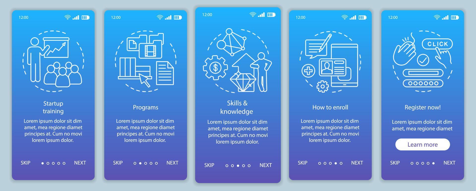 Startup-Bildung beim Onboarding der mobilen App-Seitenbildschirm-Vektorvorlage. Business-Coaching, Beratung. Walkthrough-Website-Schritte mit linearen Illustrationen. ux, ui, gui smartphone-schnittstellenkonzept vektor