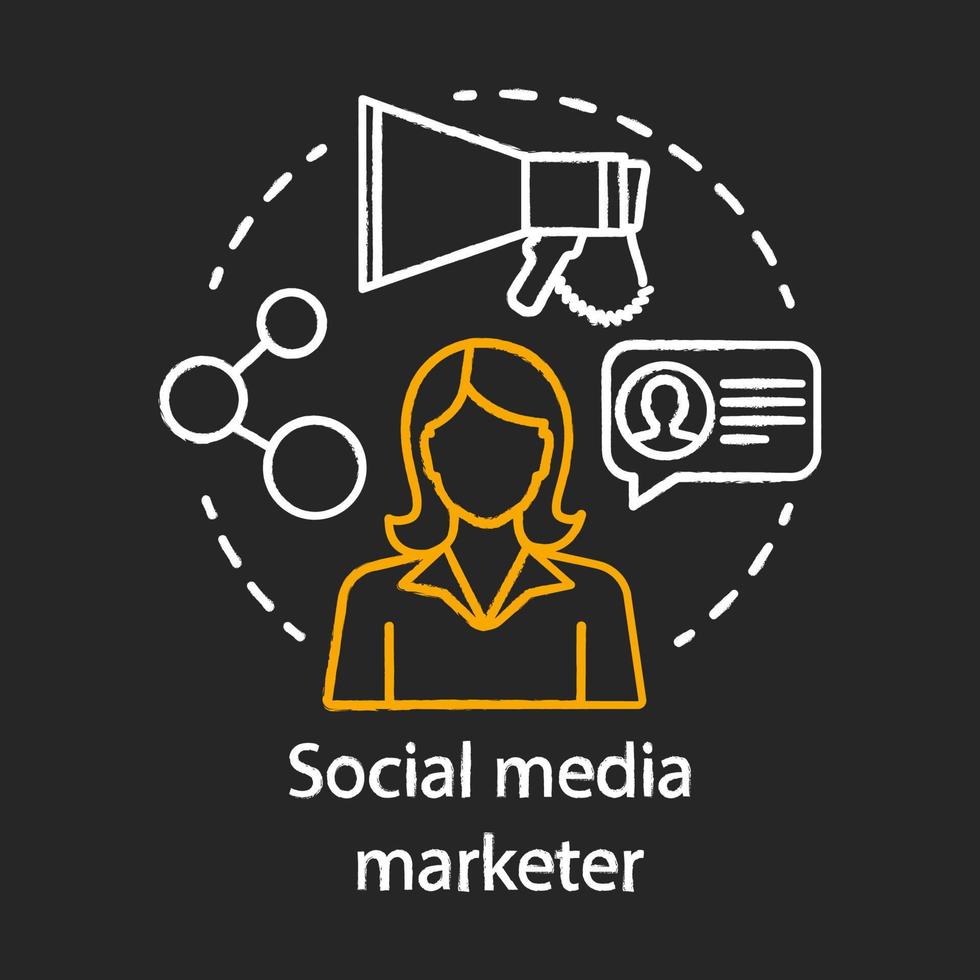 Social-Media-Marketer-Kreide-Konzept-Symbol. Idee für eine Spezialität für digitales Marketing. Erstellen und Teilen von Inhalten. Mediennetzwerk. Blogger, Texter. vektor isolierte tafelillustration