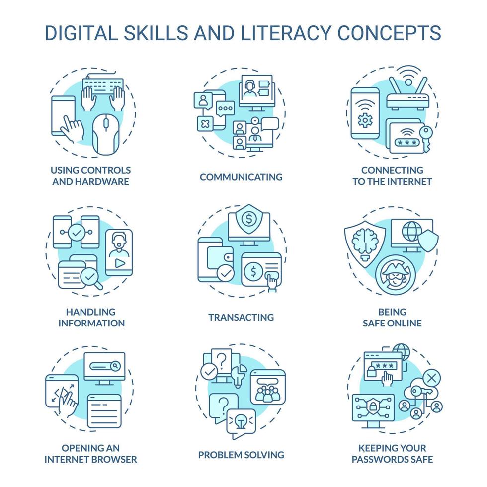 digital läskunnighet och färdigheter turkos koncept ikoner set. datorsystem. cyberrymden idé tunn linje färgillustrationer. isolerade symboler. redigerbar linje vektor