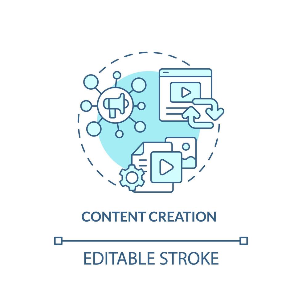 innehåll skapa turkos koncept ikon. sociala media. avancerade digitala färdigheter abstrakt idé tunn linje illustration. isolerade konturritning. redigerbar linje vektor