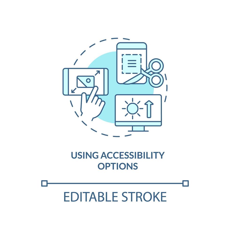 Verwendung von Zugänglichkeitsoptionen türkisfarbenes Konzeptsymbol. digitale grundlegende grundlagenfähigkeiten abstrakte idee dünne linie illustration. isolierte Umrisszeichnung. editierbarer Strich vektor