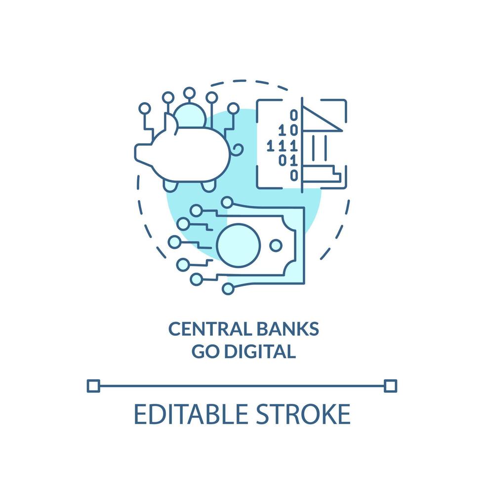 Zentralbanken gehen digitales türkisfarbenes Konzeptsymbol. kryptoschwäche in der zukunft abstrakte idee dünne linienillustration. isolierte Umrisszeichnung. editierbarer Strich vektor
