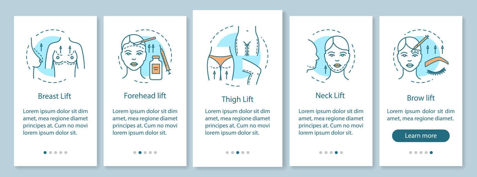 chirurgisches Liftverfahren beim Onboarding auf dem Bildschirm der mobilen App-Seite mit linearen Konzepten. Fünf Walkthrough-Schritte mit grafischen Anweisungen. ux, ui, gui-vektorvorlage mit illustrationen vektor