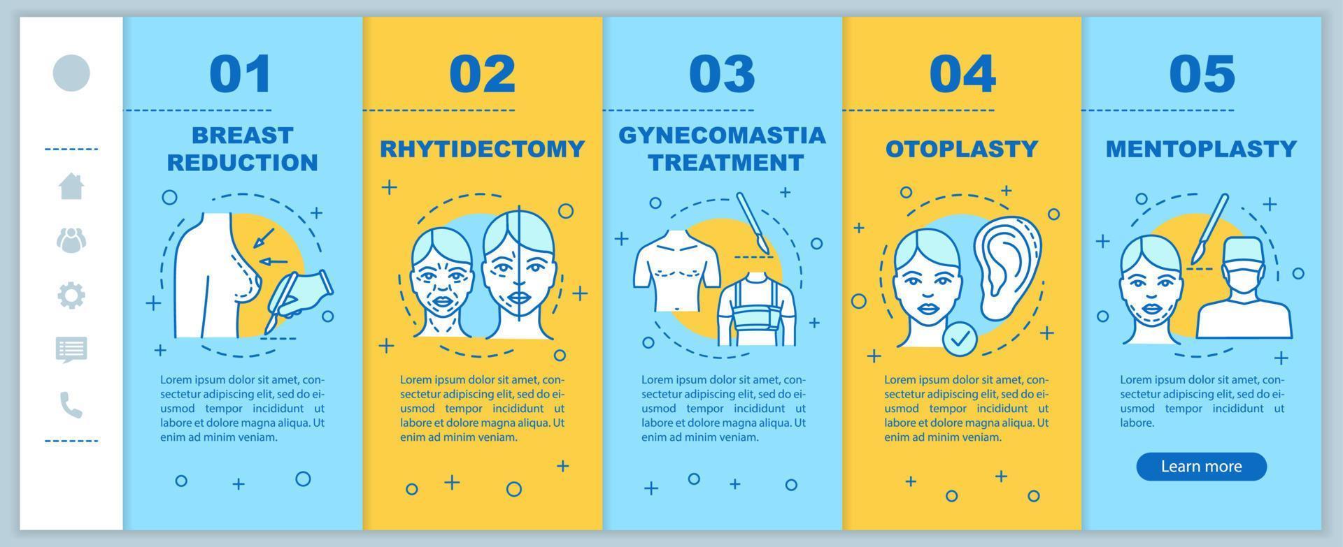 Dienstleistungen des Zentrums für Korrekturchirurgie beim Onboarding mobiler Webseiten Vektorvorlage. reaktionsschnelle smartphone-website-schnittstellenidee mit linearen illustrationen. Webseiten-Walkthrough-Schrittbildschirme. Farbkonzept vektor