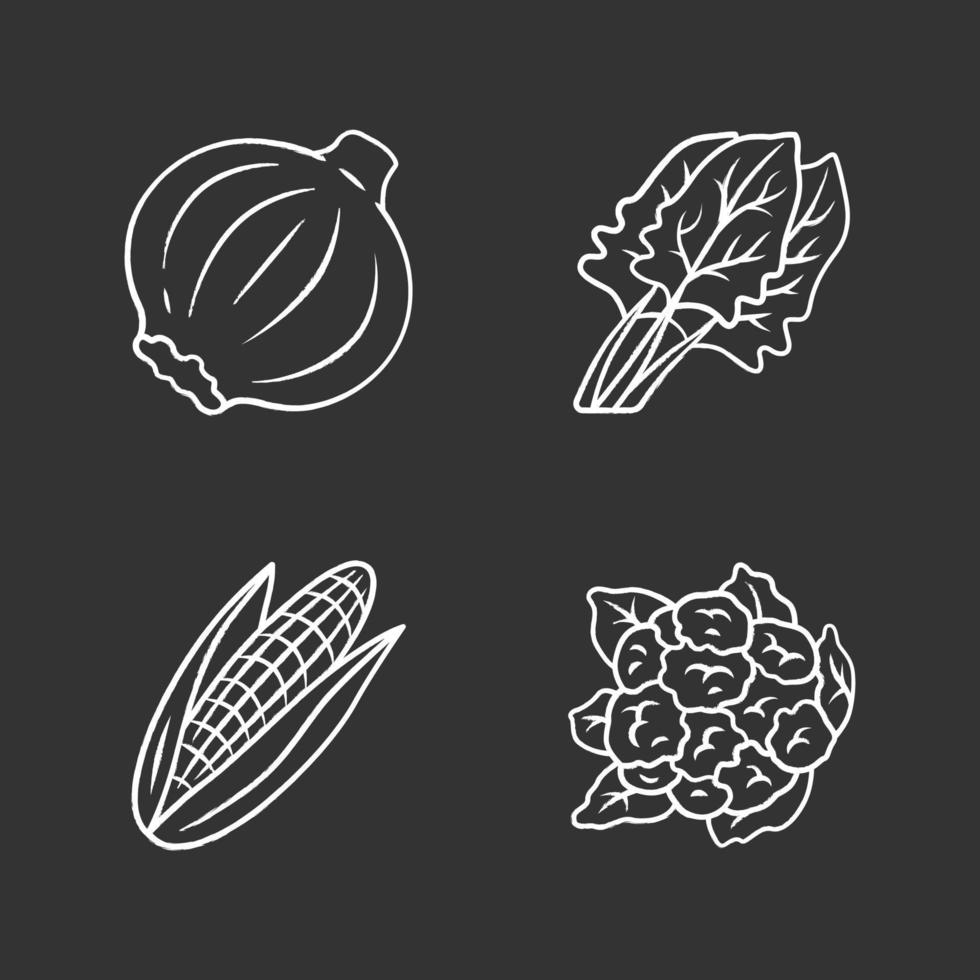 Gemüse-Kreide-Icons gesetzt. Blumenkohl, Zwiebel, Mais, Spinat, Mais. Vitamine und Ernährung. gesunde Ernährung. veganes und vegetarisches Essen. isolierte vektortafelillustrationen vektor