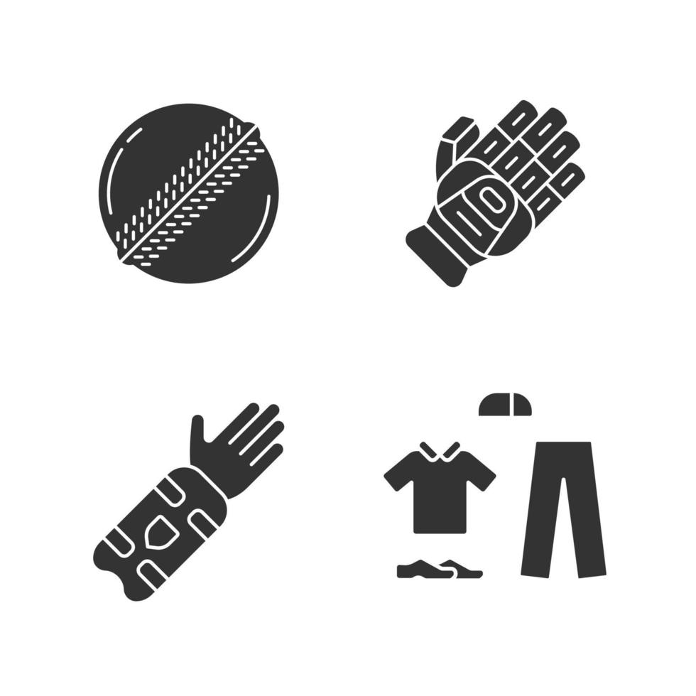 Cricket-Meisterschafts-Glyphen-Symbole gesetzt. Sportuniform, Schutzausrüstung, Spielausrüstung. sportliche Aktivität. Teamspiel. sportlicher Wettbewerb, Turnier. Silhouettensymbole. vektor isolierte illustration