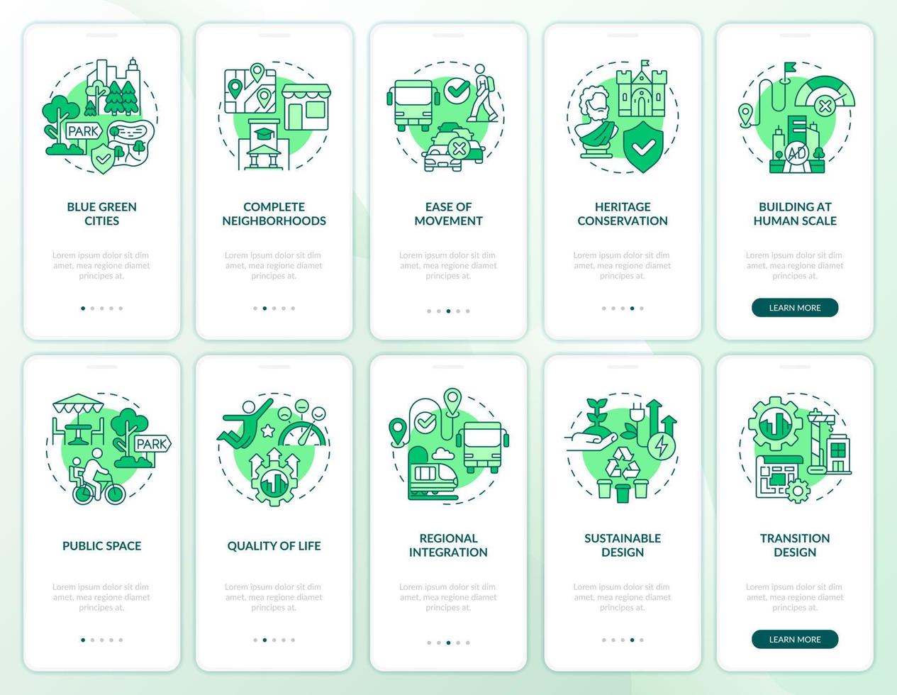 Stadtplanung Green Onboarding Mobile App Screen Set. City Design Walkthrough 5 Schritte grafische Anleitungsseiten mit linearen Konzepten. ui, ux, gui-Vorlage vektor