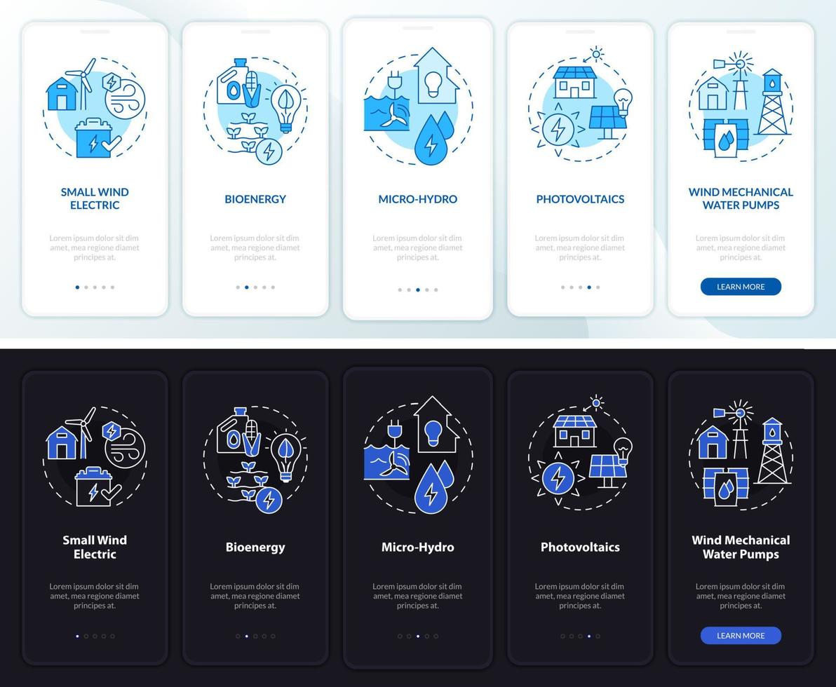 Re-Technologie Nacht- und Tagmodus beim Onboarding des Bildschirms der mobilen App. Komplettlösung 5 Schritte grafische Anleitungsseiten mit linearen Konzepten. ui, ux, gui-Vorlage vektor