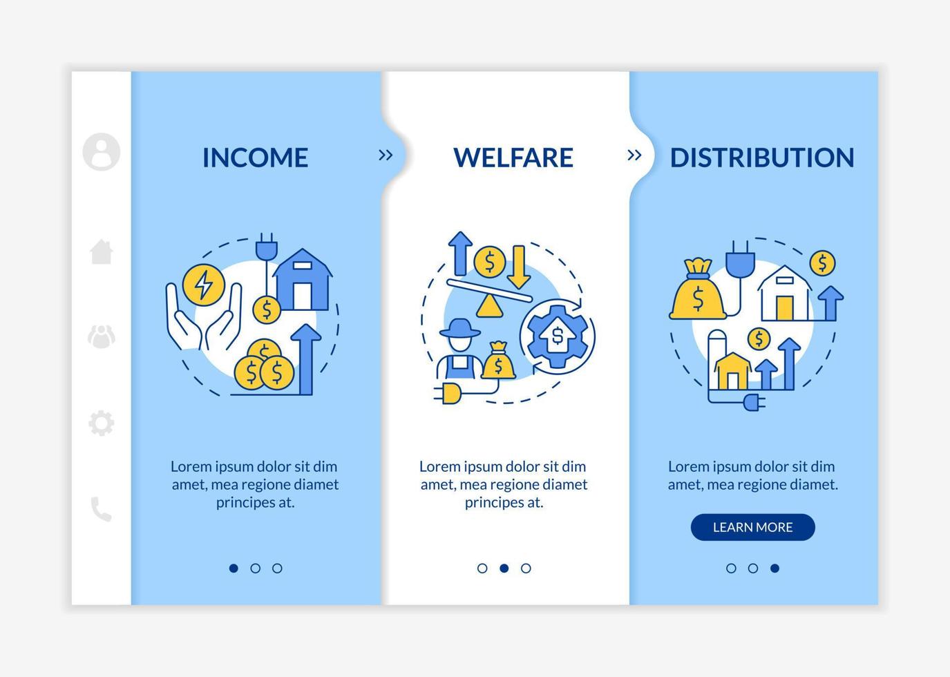 effekterna av landsbygdens elektrifiering blå och vit onboarding mall. responsiv mobilwebbplats med linjära konceptikoner. webbsida genomgång 3-stegs skärmar vektor