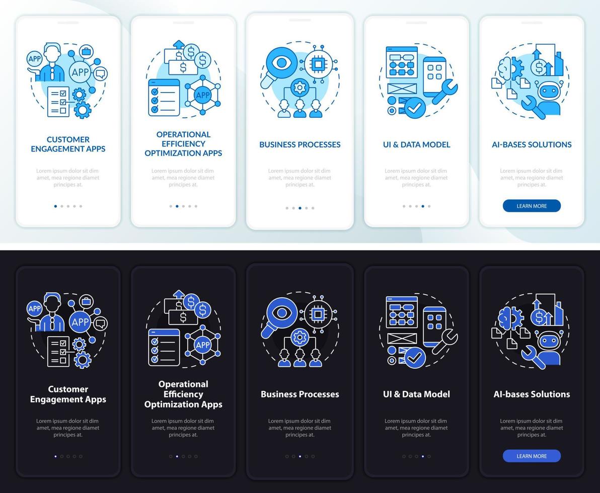 appar för företag natt- och dagläge på mobilappskärmen. webbgenomgång 5 steg grafiska instruktioner sidor med linjära koncept. ui, ux, gui mall vektor