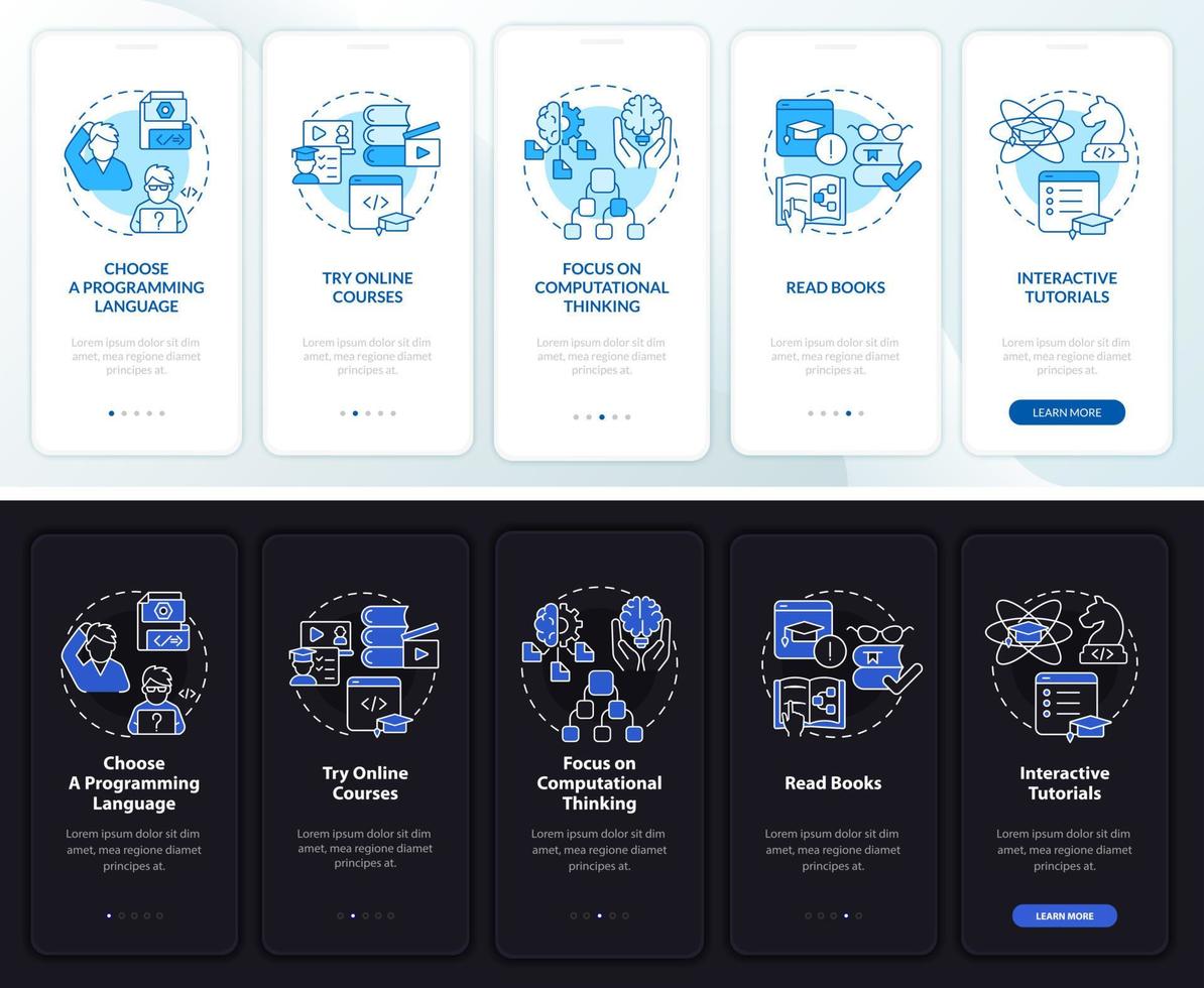 wie man lernt, den Tag- und Nachtmodus auf dem Bildschirm der mobilen App zu codieren. Job Walkthrough 5 Schritte grafische Anleitungsseiten mit linearen Konzepten. ui, ux, gui-Vorlage vektor