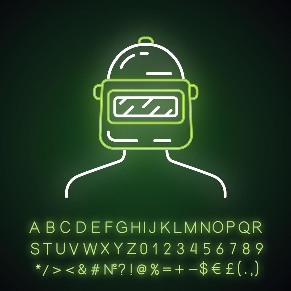 Symbol für das Neonlicht des Spielsoldaten. spieler, soldat, krieger schutzausrüstung. virtuelles Spielinventar. Schweißer Kopfbedeckung. Schweißhelm. leuchtendes alphabet, zahlen und symbole. vektor isolierte illustration