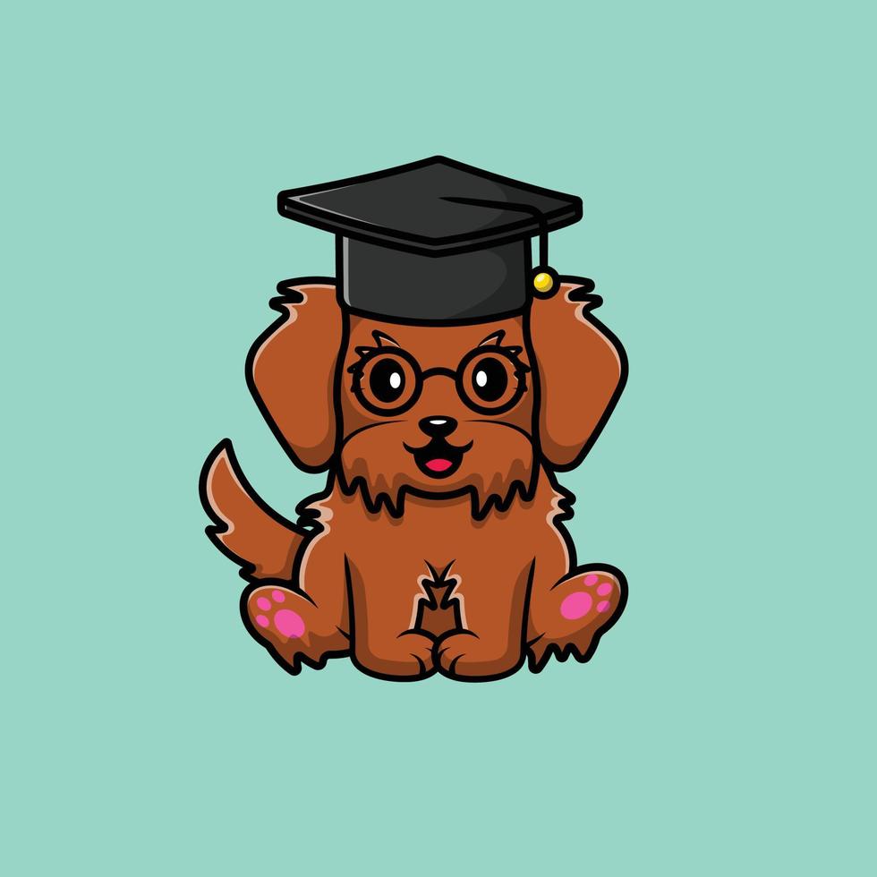 söt maltipoo hund sitter med examen hatt tecknad vektor ikonillustration. djur utbildning platt tecknad koncept