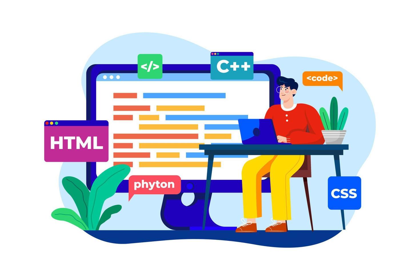 flaches illustrationskonzept des computerprogrammierers auf weißem hintergrund vektor