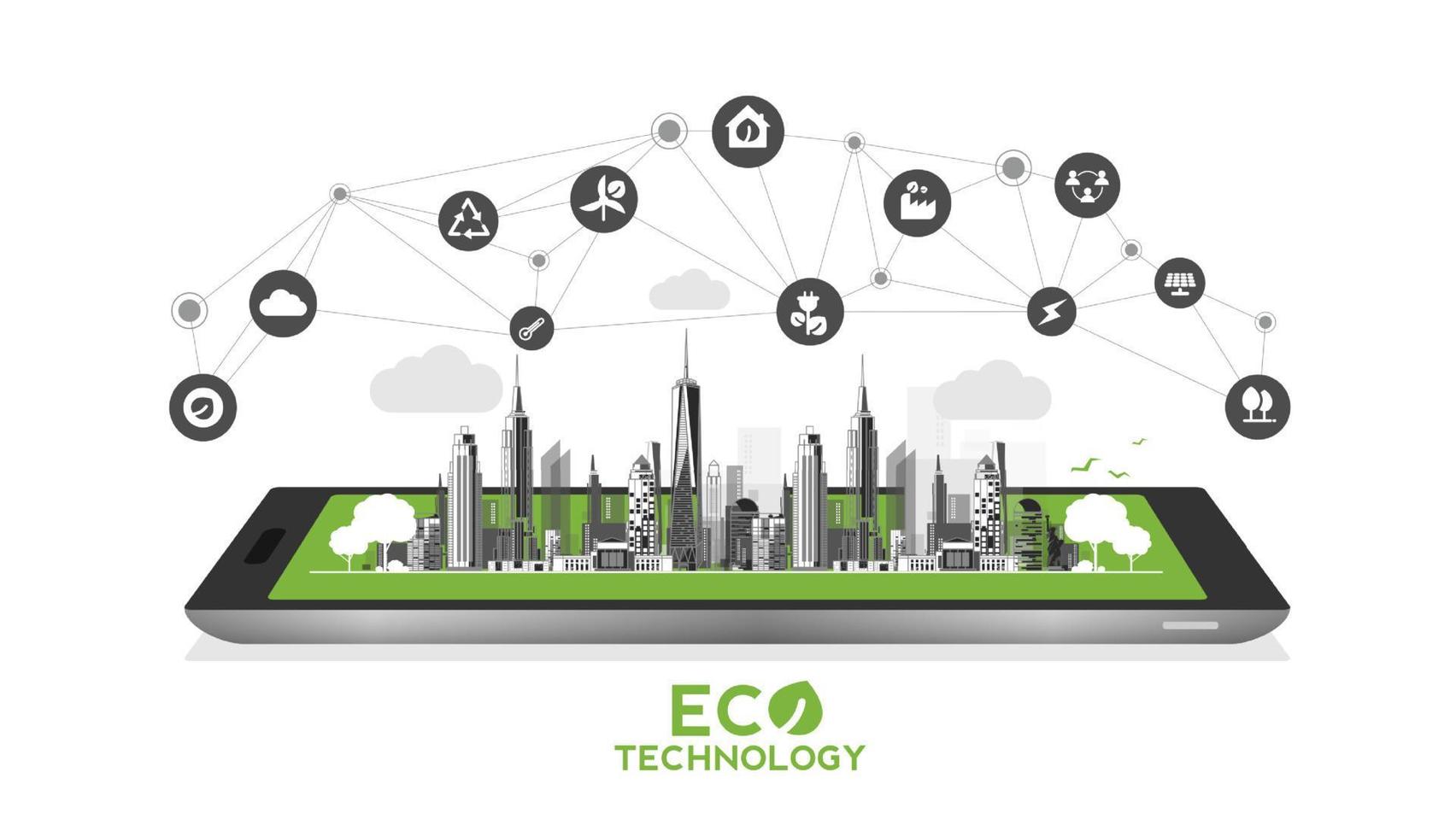 ekoteknik med mobiltelefon eller miljökoncept modern grön stad. miljövänlig urban livsstil med ikoner över nätverksanslutningen. vektor design